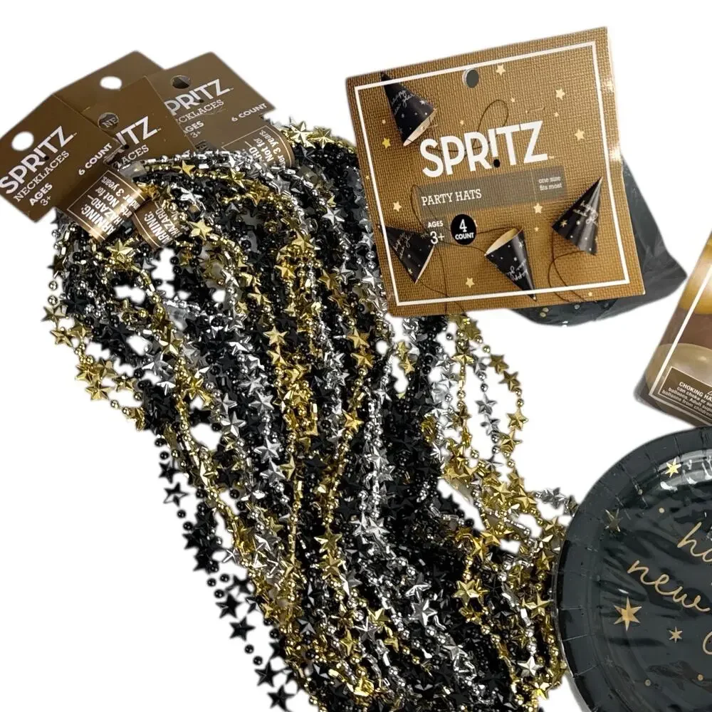New Year’s Eve Party Supplies Bundle Spritz Black Gold Balloons Plates Hats